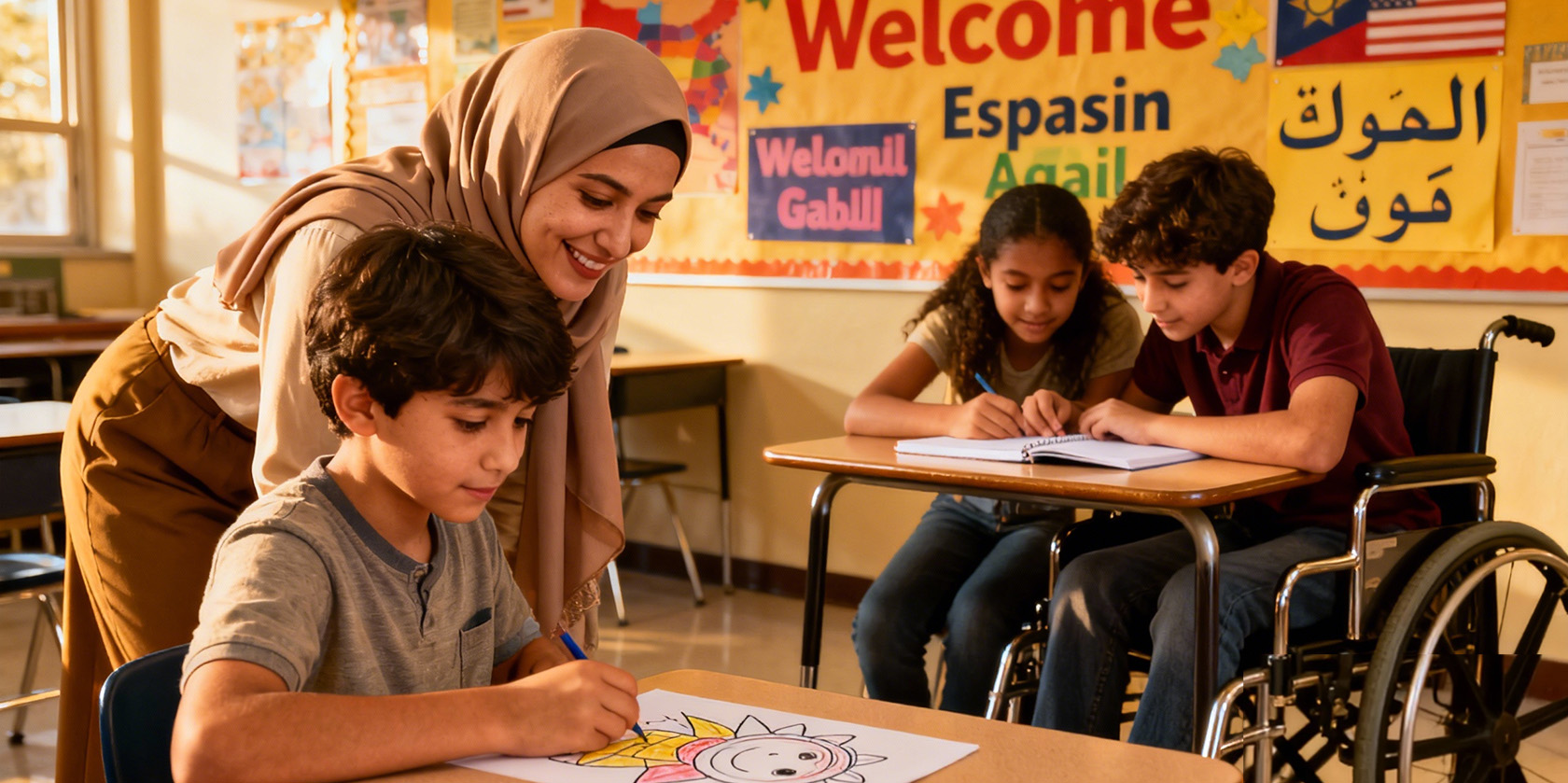 Teacher helping diverse students in classroom