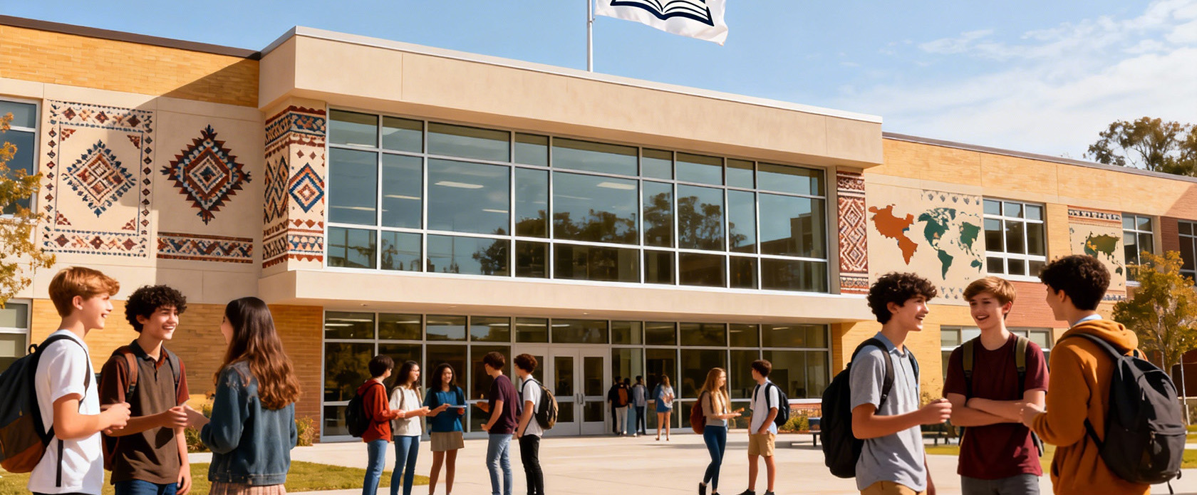 Modern school building with diverse students